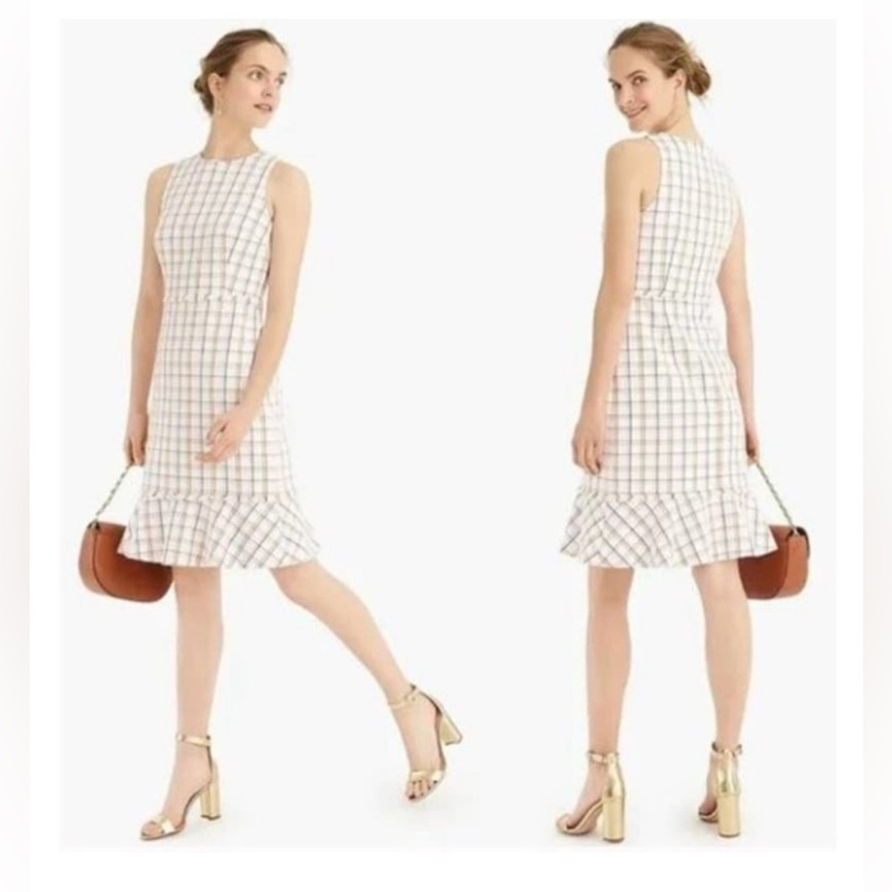 J. Crew White Cotton Tweed Windowpane Plaid Sleeveless Fluted Hem A-Line Dress 0
